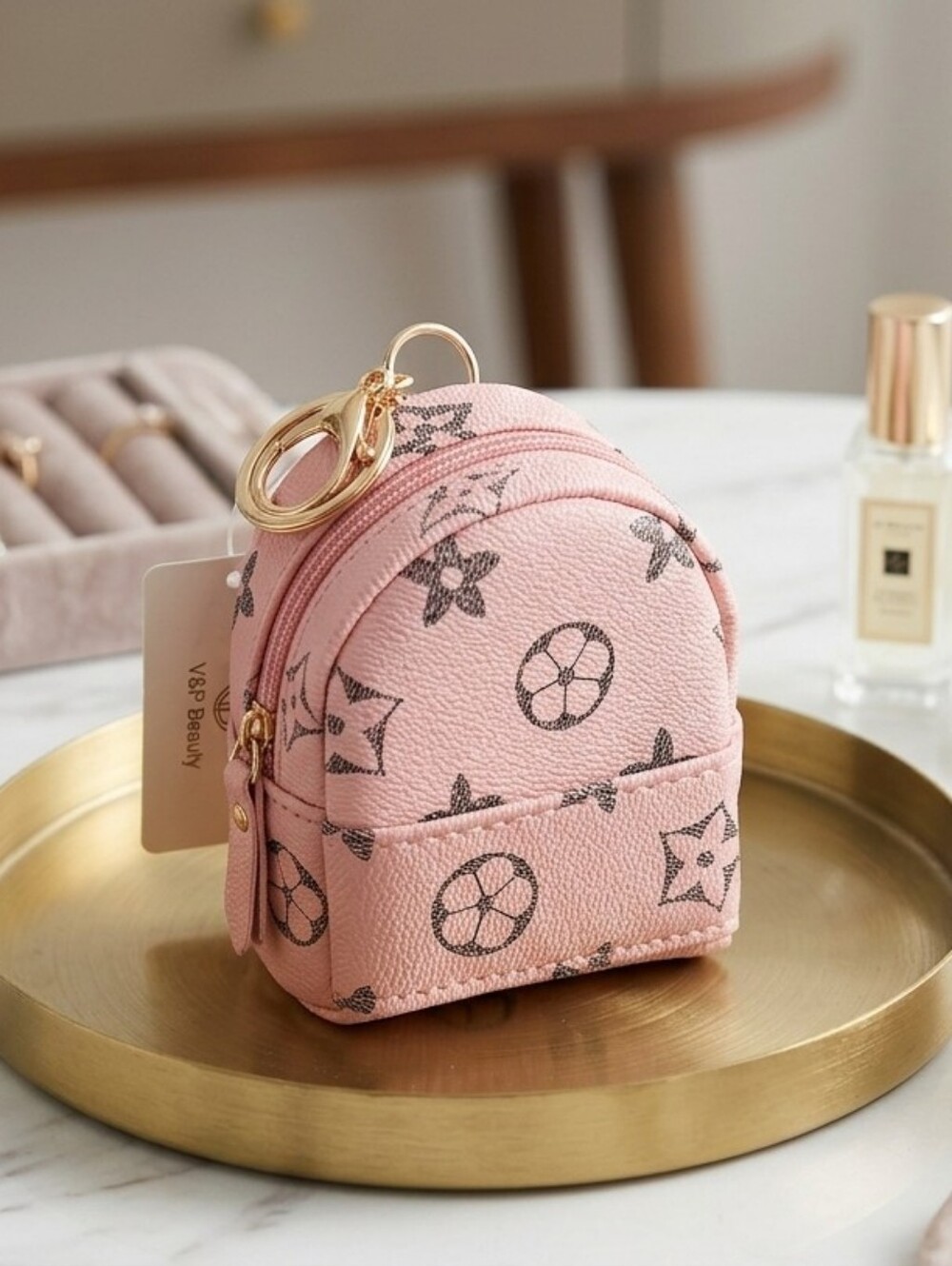 Pink Mini Backpack Keychain Purse with Gold Hardware